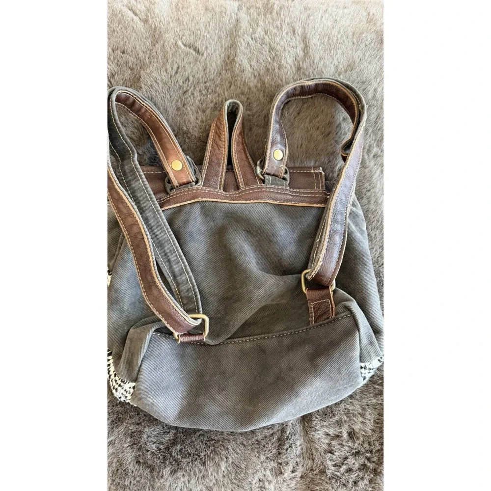 Myra Bag Brown Leather Flap Black White Rug Canvas Medium Backpack Tassel